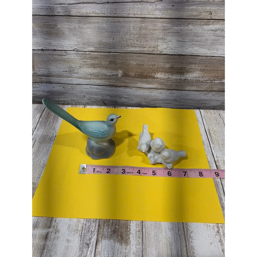 Vintage West Germany Porcelain Bird Figurine Set‎ Blue Long Tail White Trio MCM